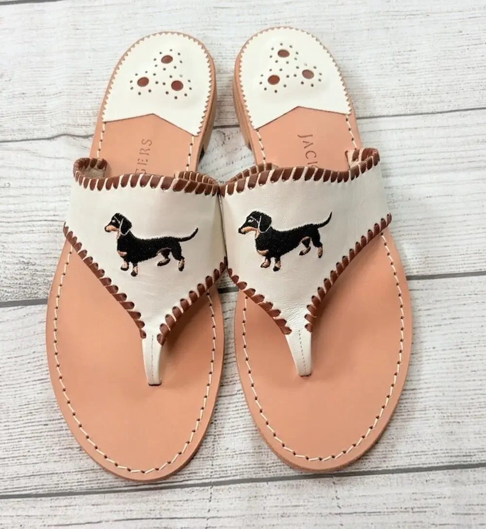 Jack Rogers Embroidered Leather Thong Sandals Dachshund Dog White Brazil Size 11 - Picture 1 of 7